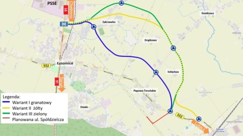 Na mapie zaznaczony trzy warianty przebiegu trasy/mat. Zarządu Dróg Wojewódzkich w Bydgoszczy